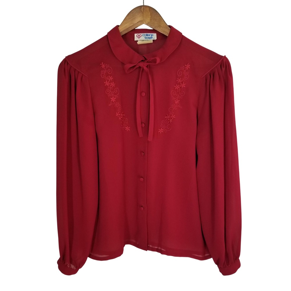 College Town Vintage Red Embroidered Bow Neck Blouse Long Sleeve Sz 5/6 Coquette